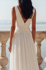 Ruched A Line Ivory V Neck Wedding Dress with Slit