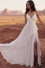 Ruffled A Line Ivory Chiffon Boho Wedding Dress with Slit