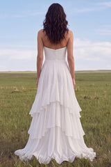 Strapless Ruffled A Line Ivory Boho Wedding Dress with Slit
