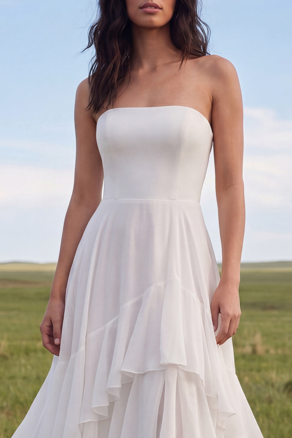Strapless Ruffled A Line Ivory Boho Wedding Dress with Slit