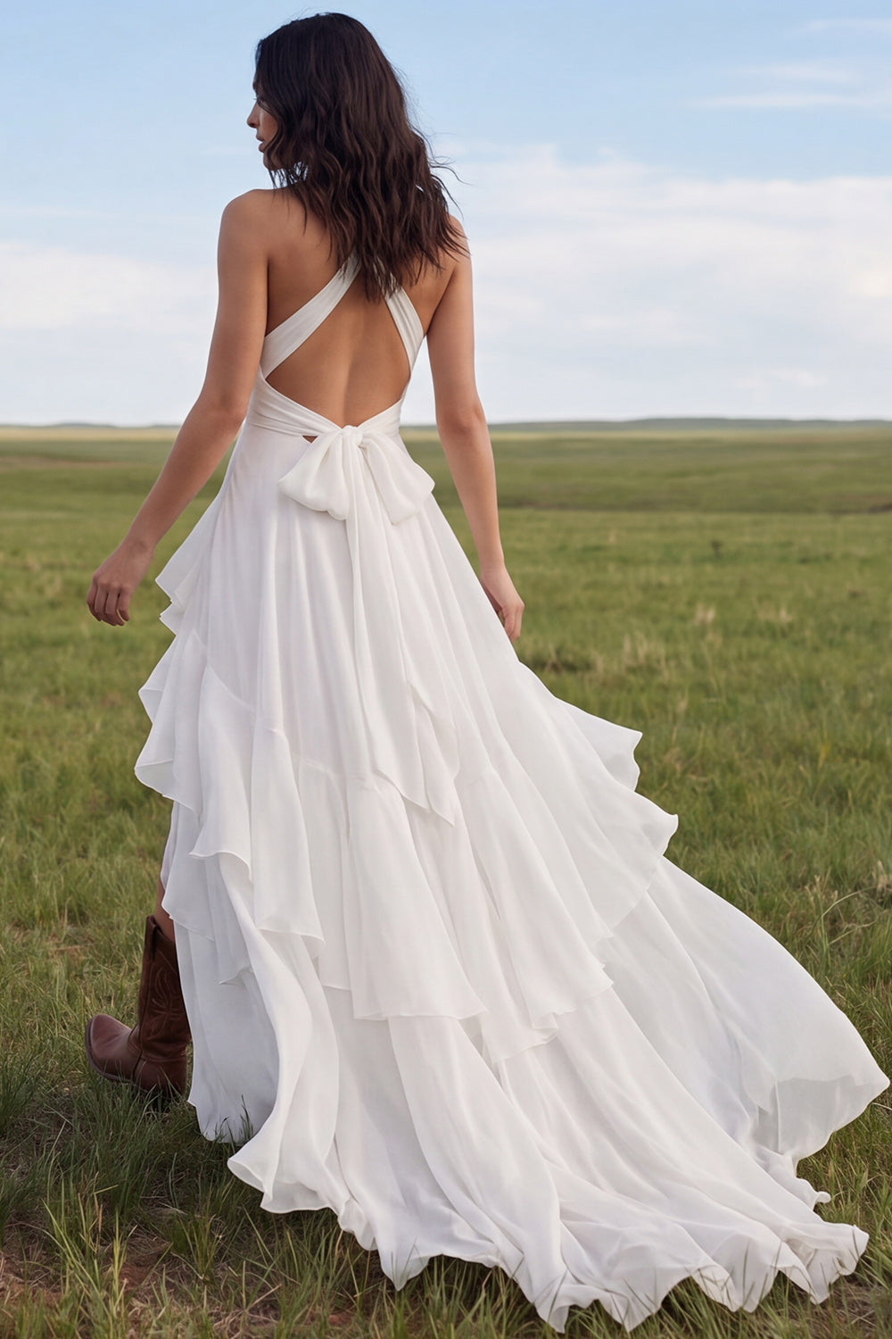Ruffled A Line Ivory Cut Out Boho Wedding Dress with Bow