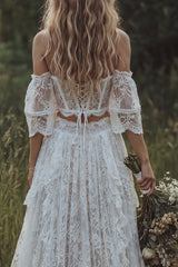 Off the Shoulder Corset 2 Piece A Line Lace Ivory Boho Wedding Dress