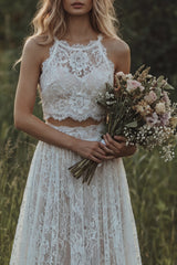 Halter Lace 2 Piece A Line Ivory Boho Wedding Dress
