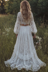 Lace 2 Piece Long Sleeve A Line Ivory Boho Wedding Dress