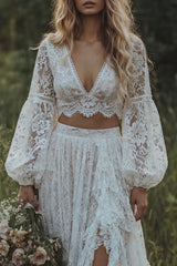 Lace 2 Piece Long Sleeve A Line Ivory Boho Wedding Dress