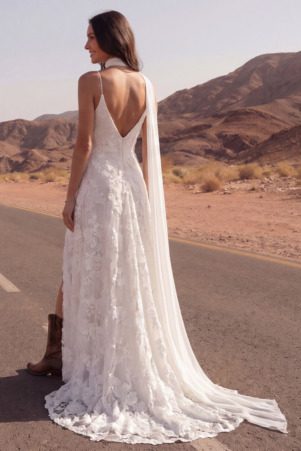 Appliqued A Line Ivory Boho Wedding Dress with Slit