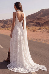 Appliqued A Line Ivory Boho Wedding Dress with Slit