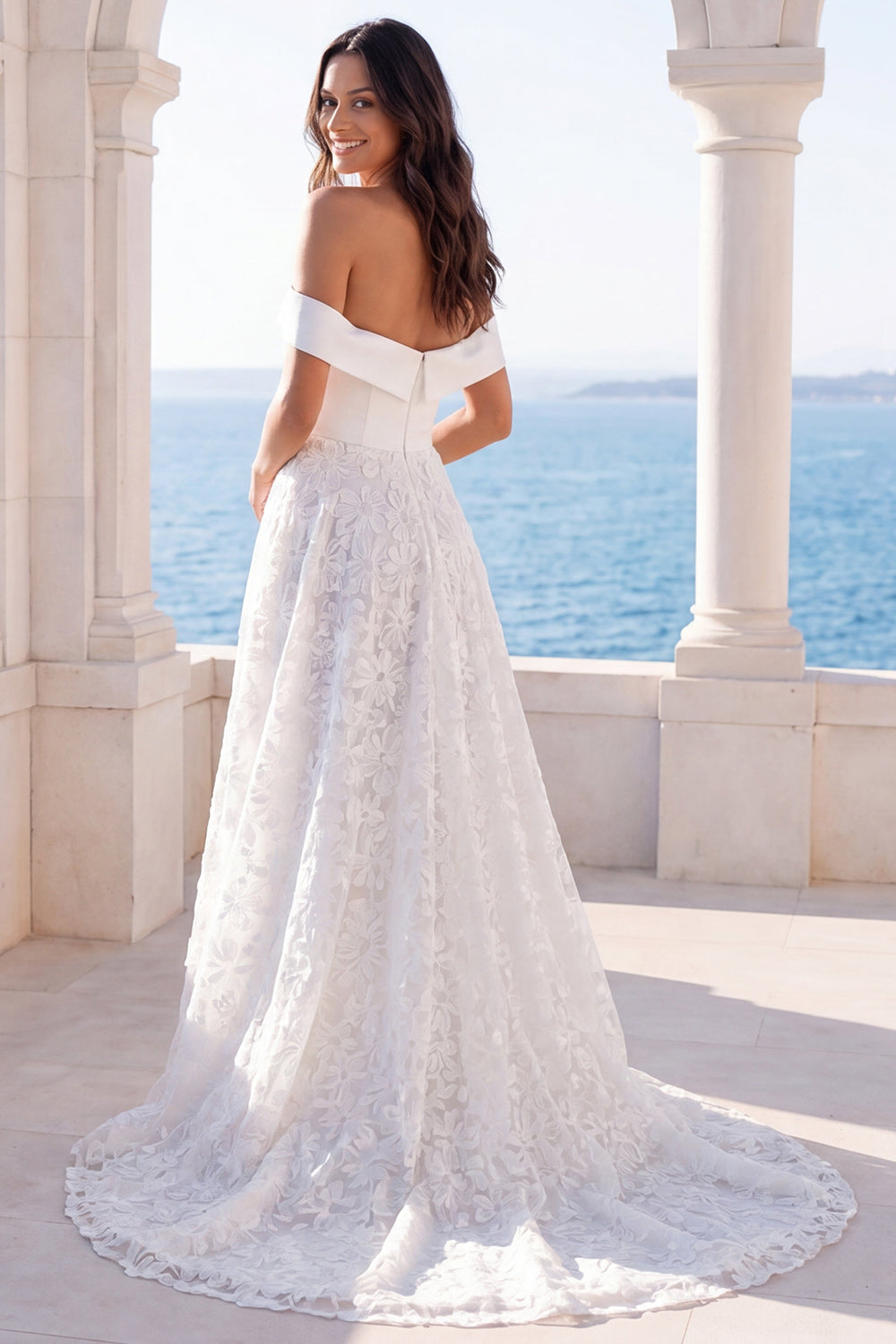 Off the Shoulder Floral A Line Ivory Maxi Wedding Dress