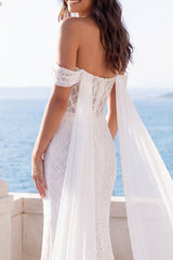 Sparkly Off the Shoulder Corset Mermaid Ivory Wedding Dress