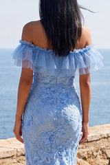 Off the Shoulder Lace Blue Floral Wedding Guest Dress