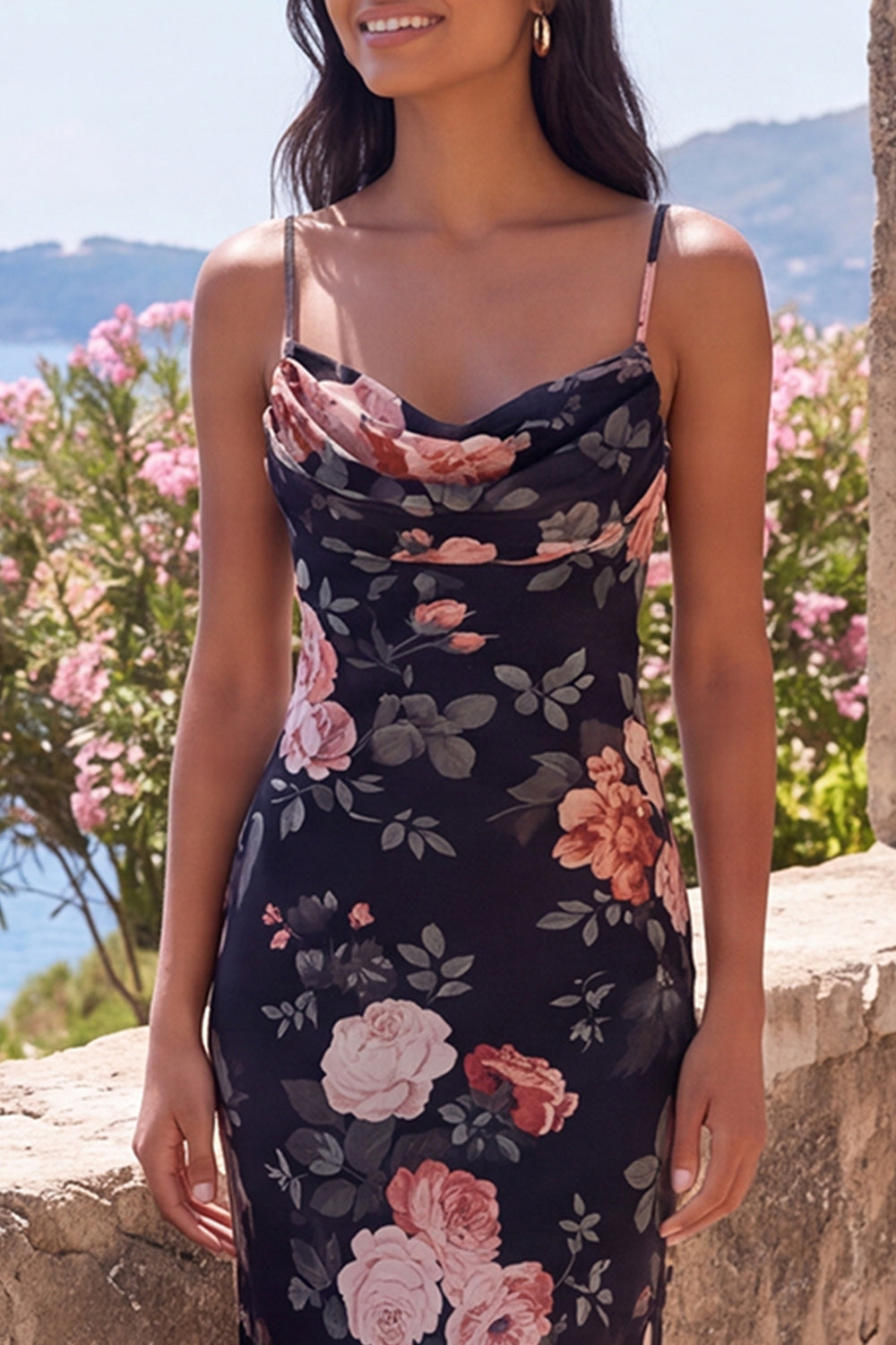 Black Mermaid Floral Spaghetti Straps Wedding Guest Dress
