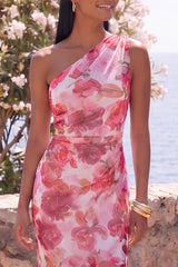 One Shoulder Pink Floral Mermaid Wedding Guest Dress with Slit