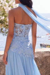 Strapless Blue Floral Appliqued Maxi Dress with Scarf