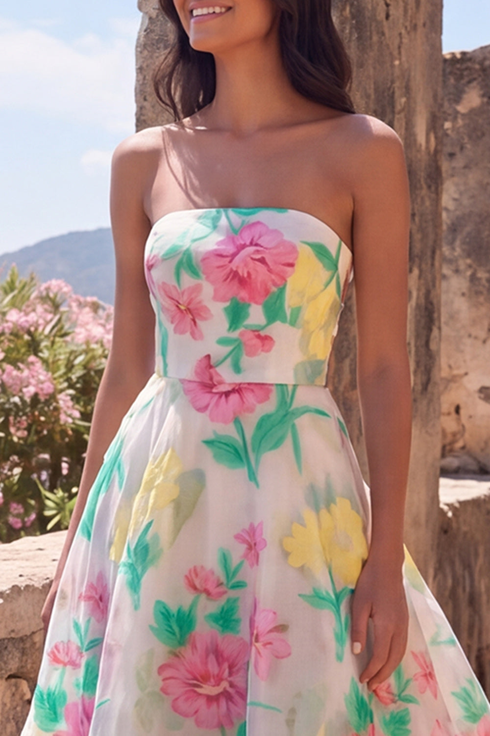 Strapless Daffodil Pink Floral A Line Maxi Dress
