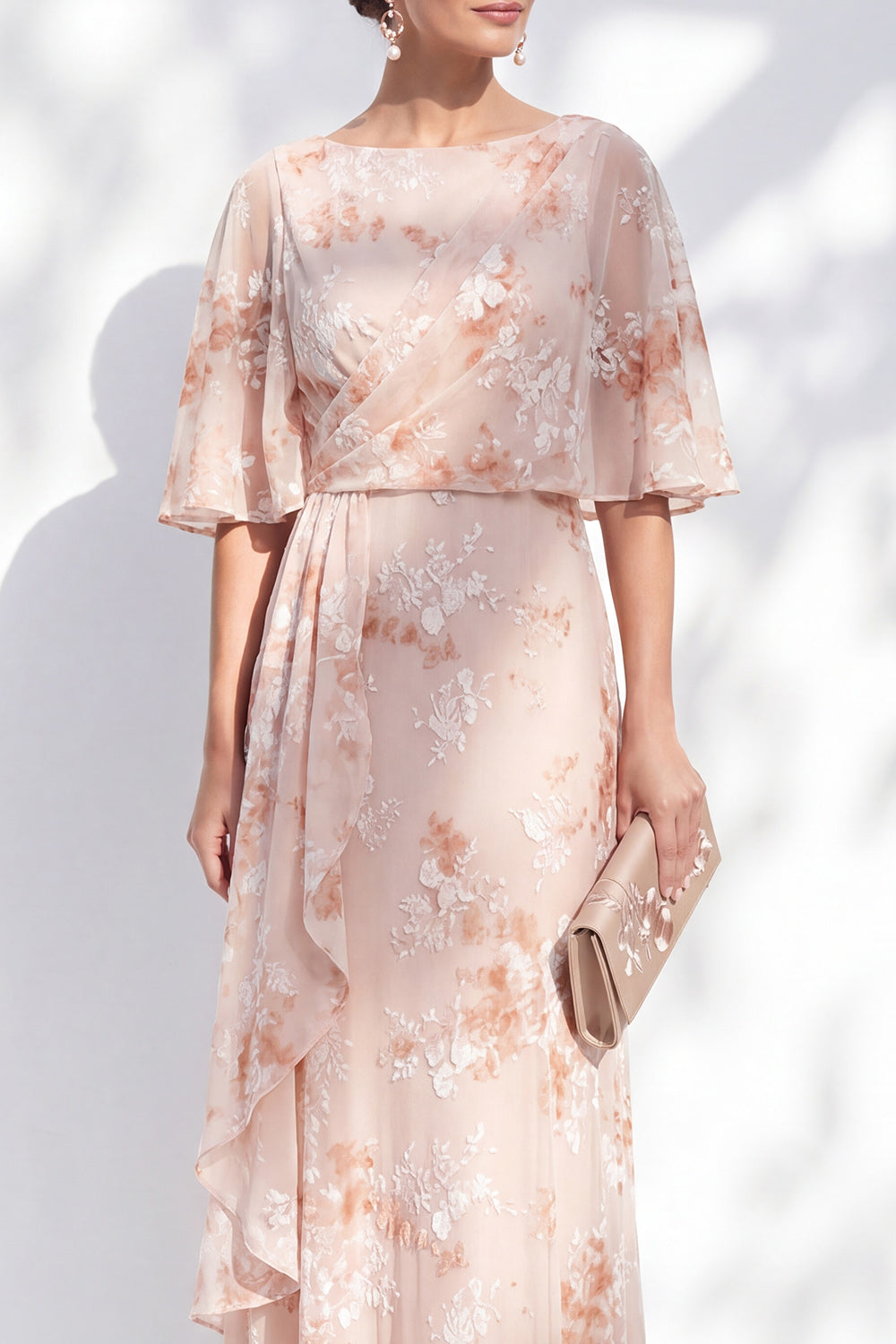 Half Sleeve Floral Champagne A Line Ruffled Mother of the Bride Dress