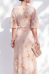 Half Sleeve Floral Champagne A Line Ruffled Mother of the Bride Dress