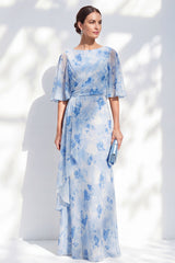Blue Floral Ruched Mermaid Mother of the Bride Dress with Ruffles