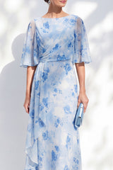 Blue Floral Ruched Mermaid Mother of the Bride Dress with Ruffles