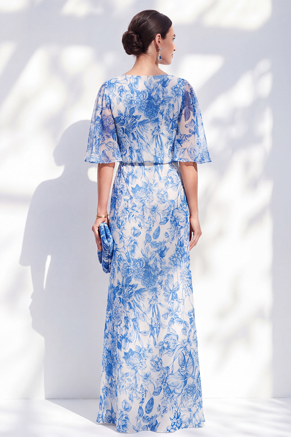 White Blue Floral Ruched Mermaid Half Sleeve Mother of the Bride Dress