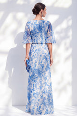 White Blue Floral Ruched Mermaid Half Sleeve Mother of the Bride Dress
