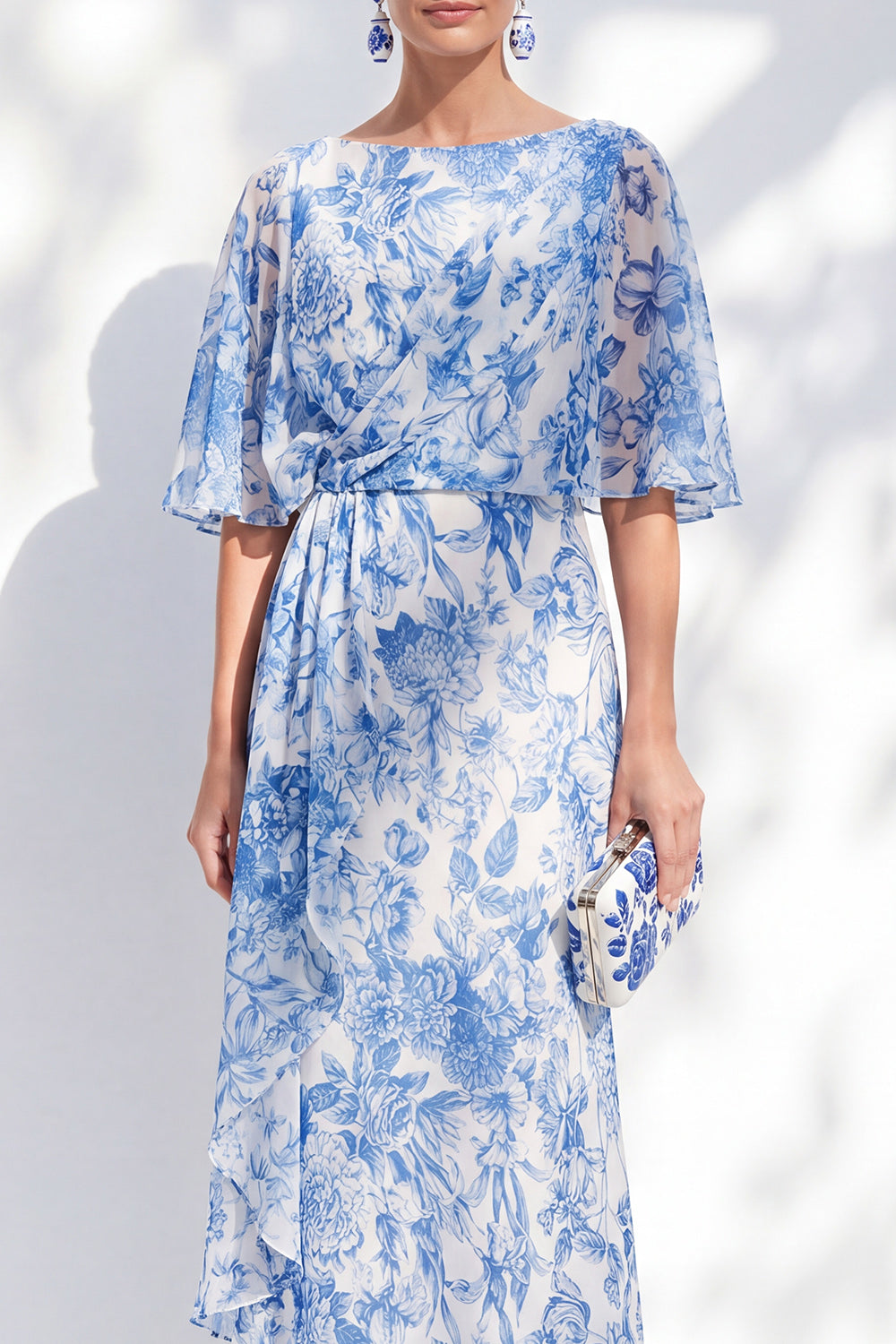 White Blue Floral Ruched Mermaid Half Sleeve Mother of the Bride Dress