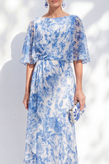 White Blue Floral Ruched Mermaid Half Sleeve Mother of the Bride Dress
