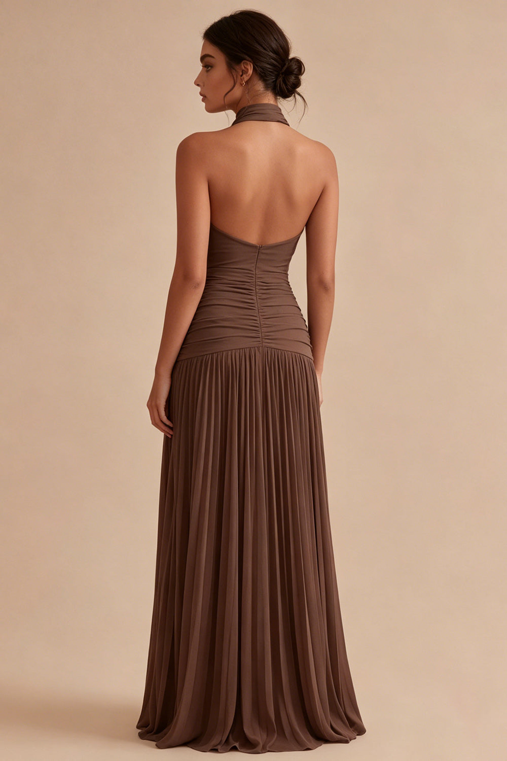 Halter Dark Coffee A Line Ruched Pleated Formal Dress