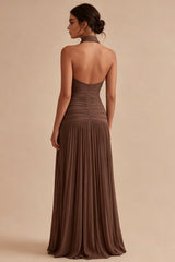 Halter Dark Coffee A Line Ruched Pleated Formal Dress