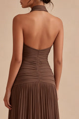 Halter Dark Coffee A Line Ruched Pleated Formal Dress