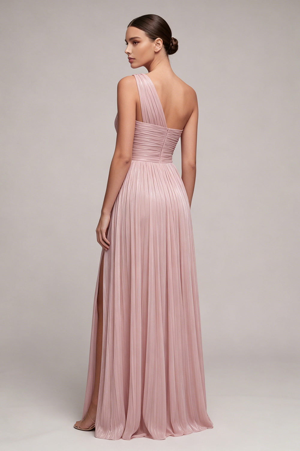 One Shoulder Dusty Rose A Line Ruched Pleated Formal Dress