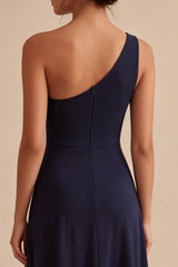 One Shoulder A Line Navy Midi Formal Dress
