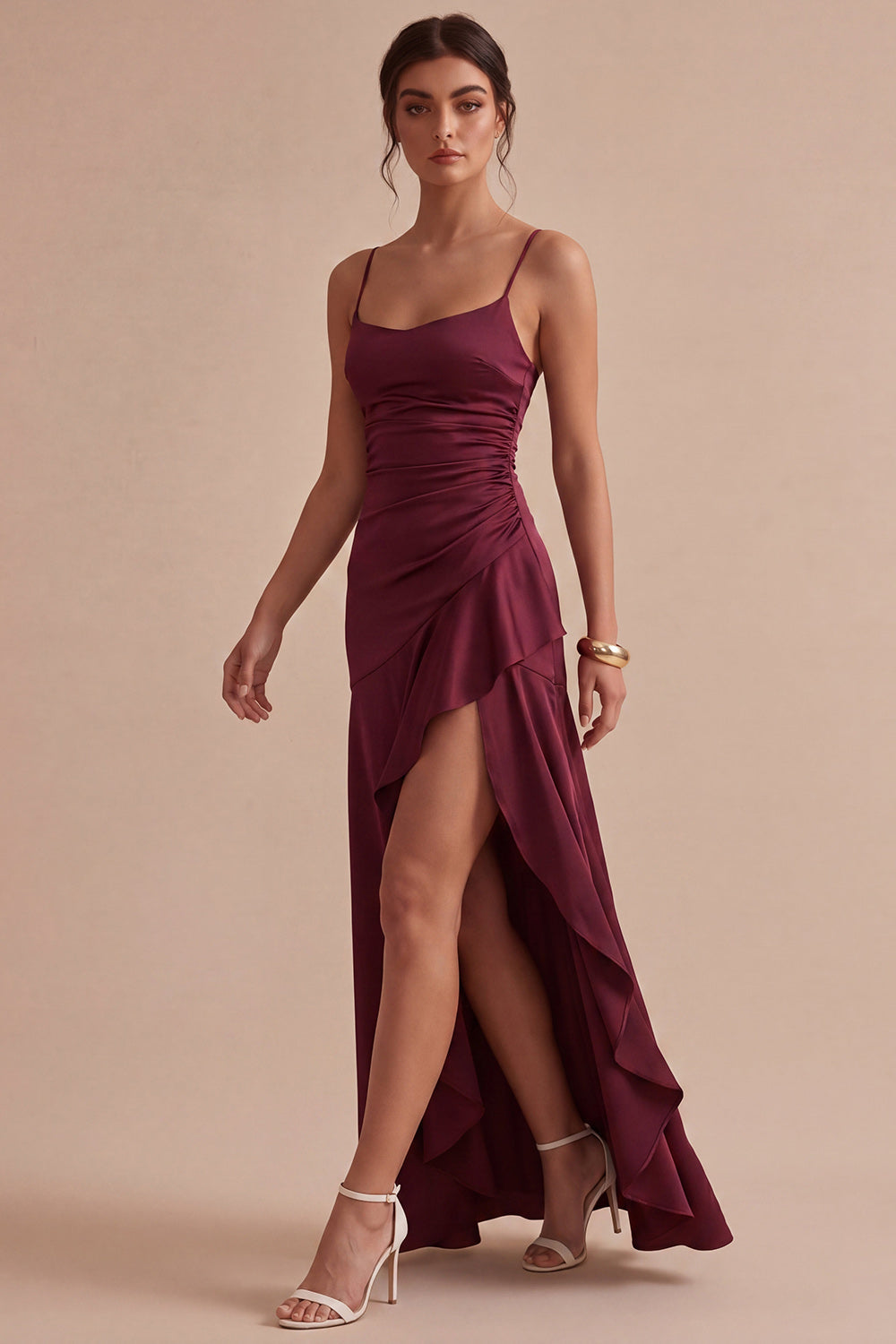 Burgundy Ruched Maxi Formal Dress with Ruffles