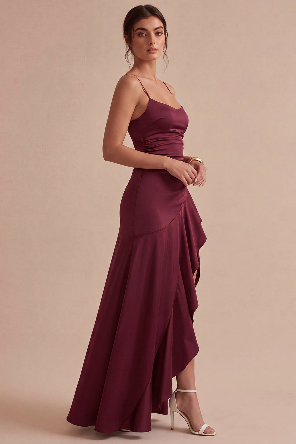 Burgundy Ruched Maxi Formal Dress with Ruffles