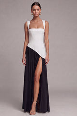 Black and White ColorBlock A Line Pleated Formal Dress with Slit