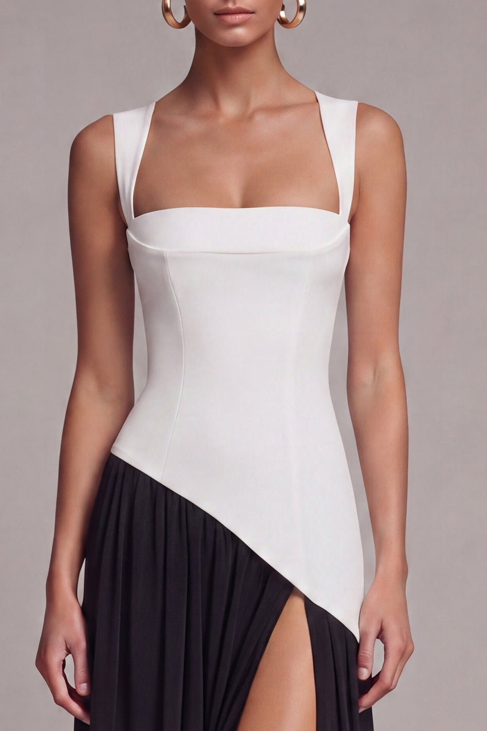 Black and White ColorBlock A Line Pleated Formal Dress with Slit
