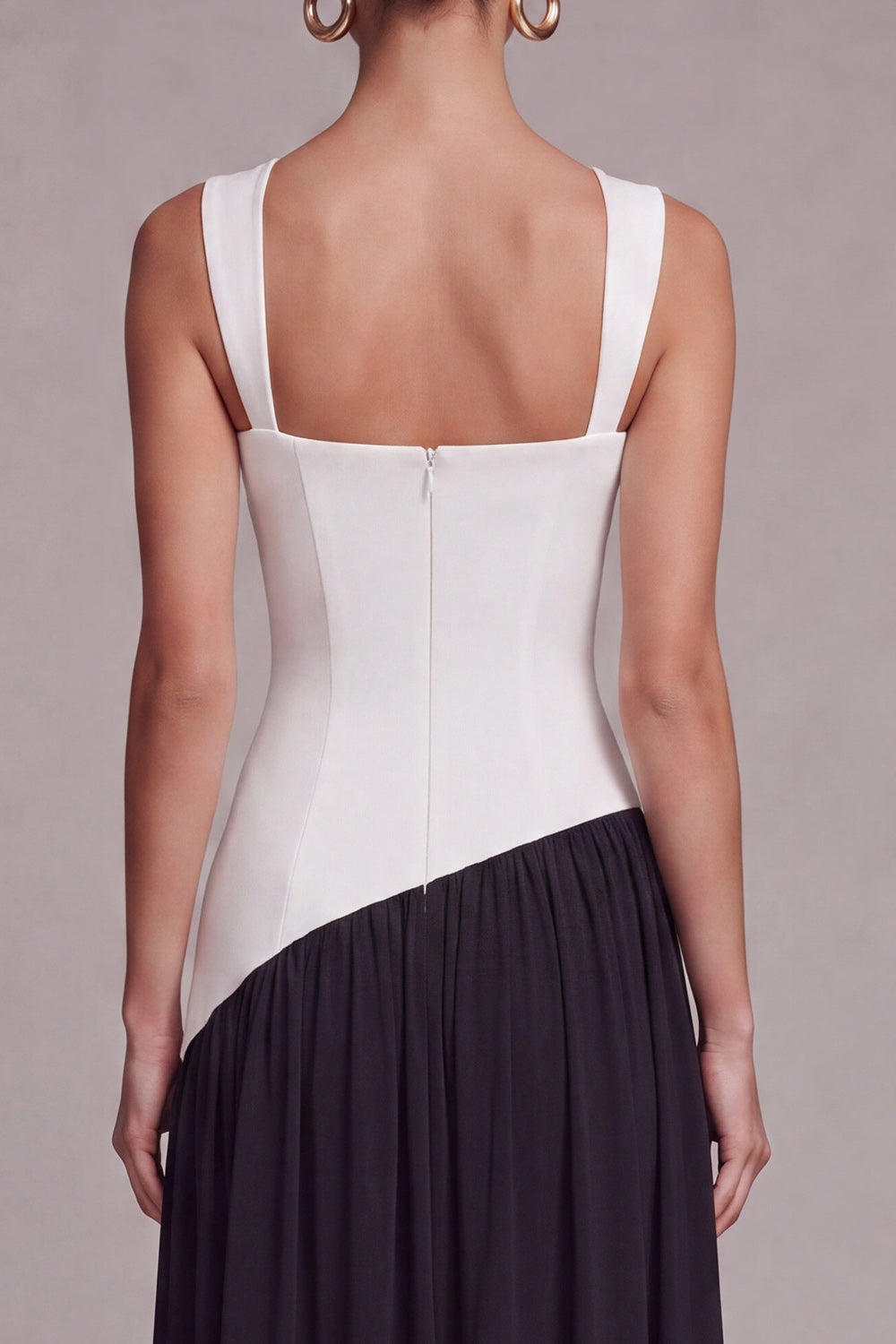 Black and White ColorBlock A Line Pleated Formal Dress with Slit