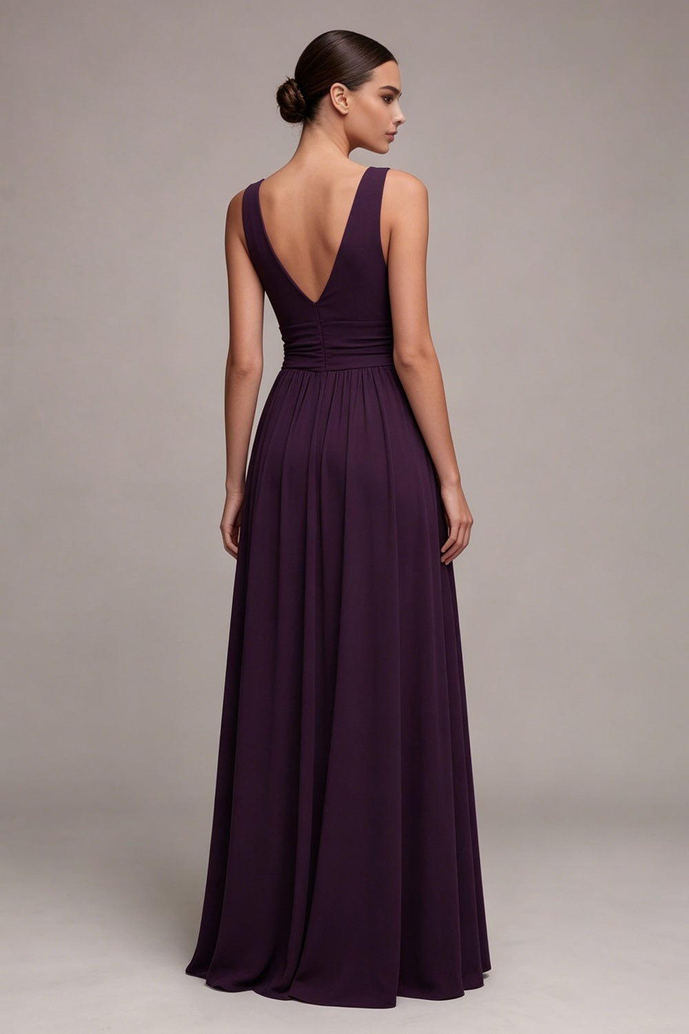 Plum A Line Pleated Ruched Maxi Formal Dress with Slit