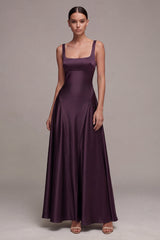 Square Neck Satin Purple A Line Maxi Formal Dress
