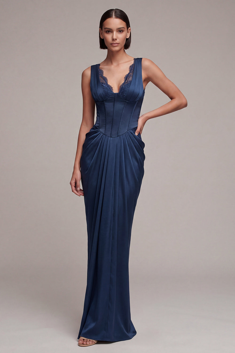 Navy Corset Lace Pleated Mermaid Maxi Formal Dress