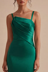 Dark Green Satin Mermaid Ruched Maxi Formal Dress