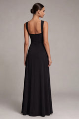 Black Pleated A Line Maxi Formal Dress with Slit