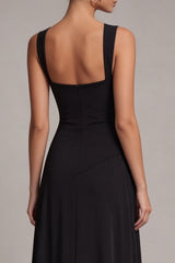 Black Pleated A Line Maxi Formal Dress with Slit