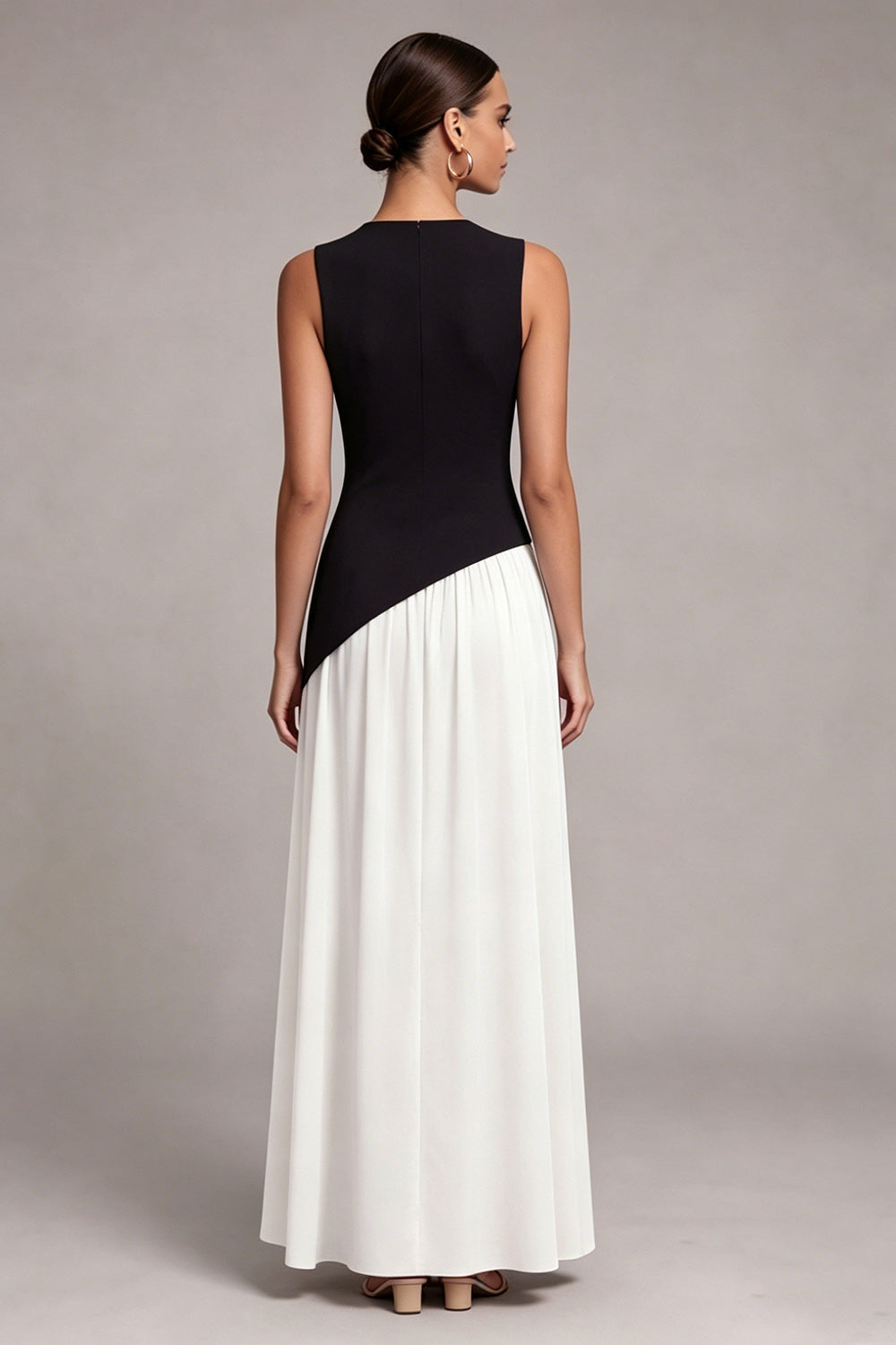 A Line Pleated ColorBlock Black and White Maxi Formal Dress with Slit