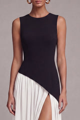 A Line Pleated ColorBlock Black and White Maxi Formal Dress with Slit