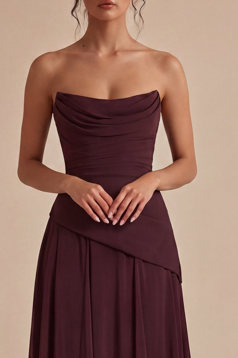 Burgundy Strapless Pleated Ruched A Line Maxi Formal Dress