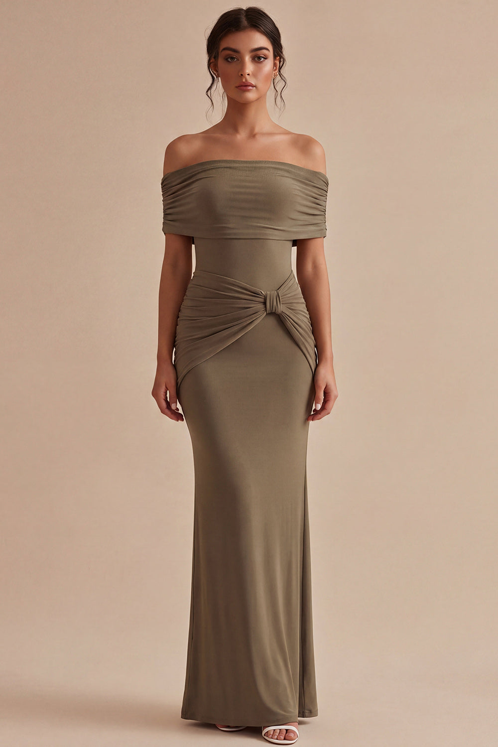 Khaki Off the Shoulder Ruched Mermaid Maxi Formal Dress