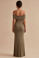 Khaki Off the Shoulder Ruched Mermaid Maxi Formal Dress