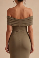 Khaki Off the Shoulder Ruched Mermaid Maxi Formal Dress