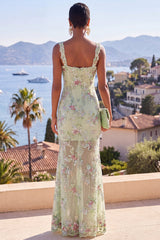 Green V-Neck Sparkly Floral Mermaid Wedding Guest Dress