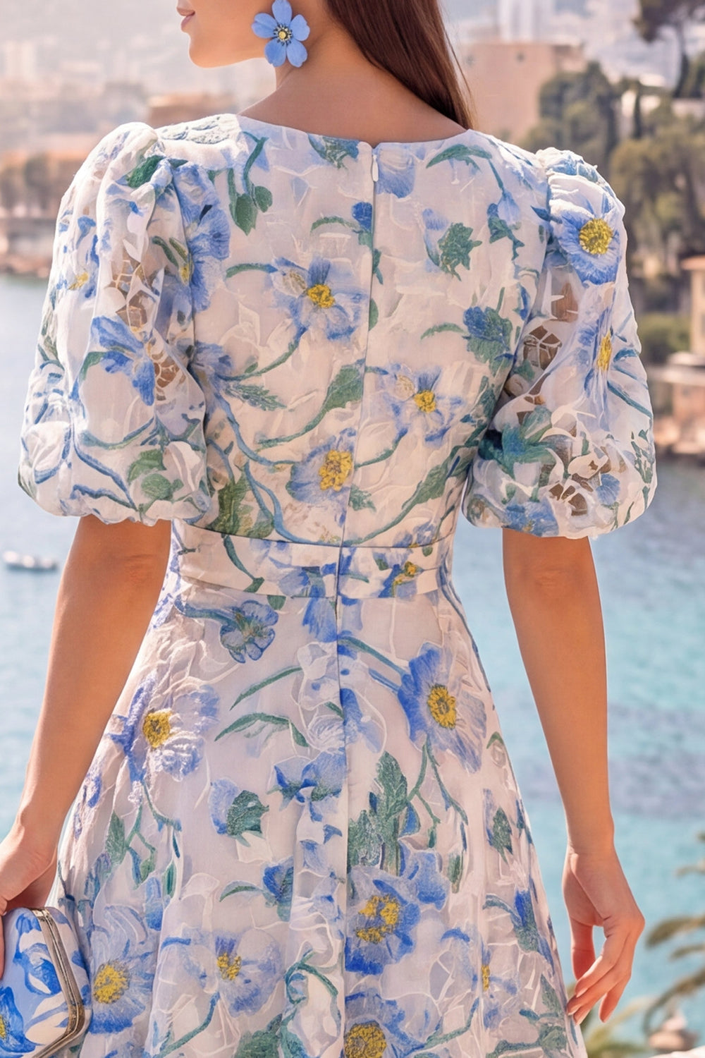A Line Blue Floral Wedding Guest Dress With Puff Sleeves